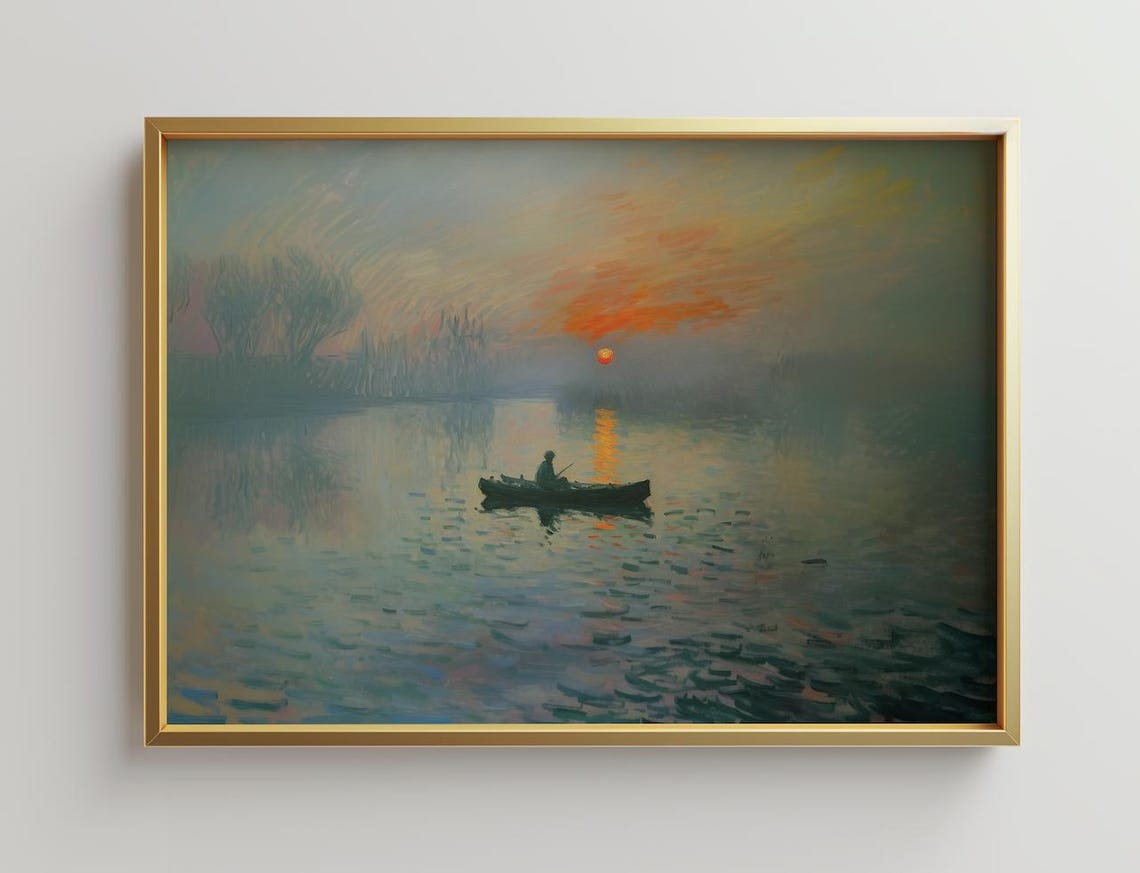 Fisherman In Canoe At Sunset Misty Lake Impressionist Art Poster