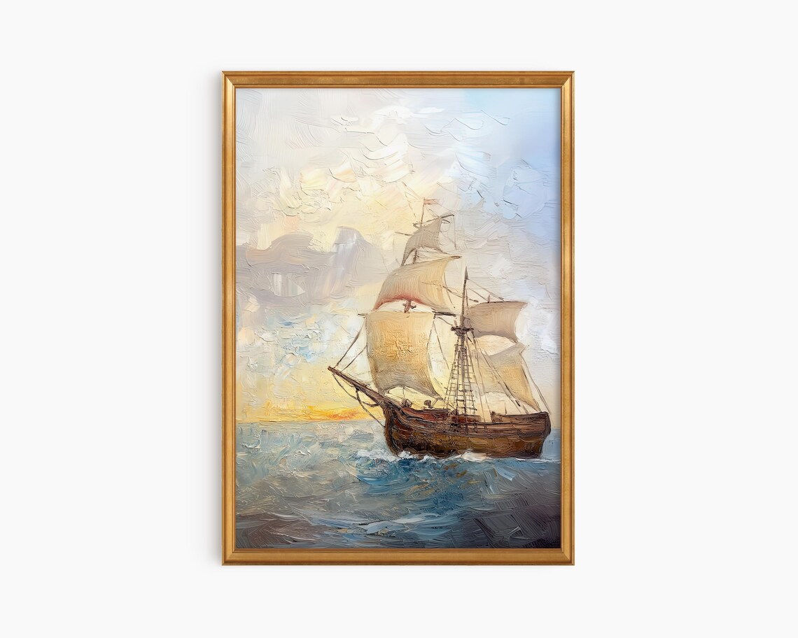 Vintage Merchant Ship Sunset Oil Painting Tall Sails Ocean Poster