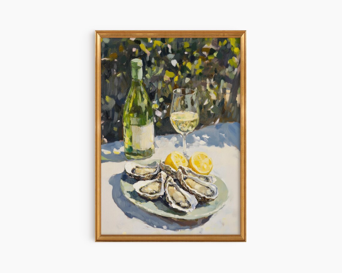 Oysters and White Wine Still Life Oil Painting Sunny Coastal Dining Poster
