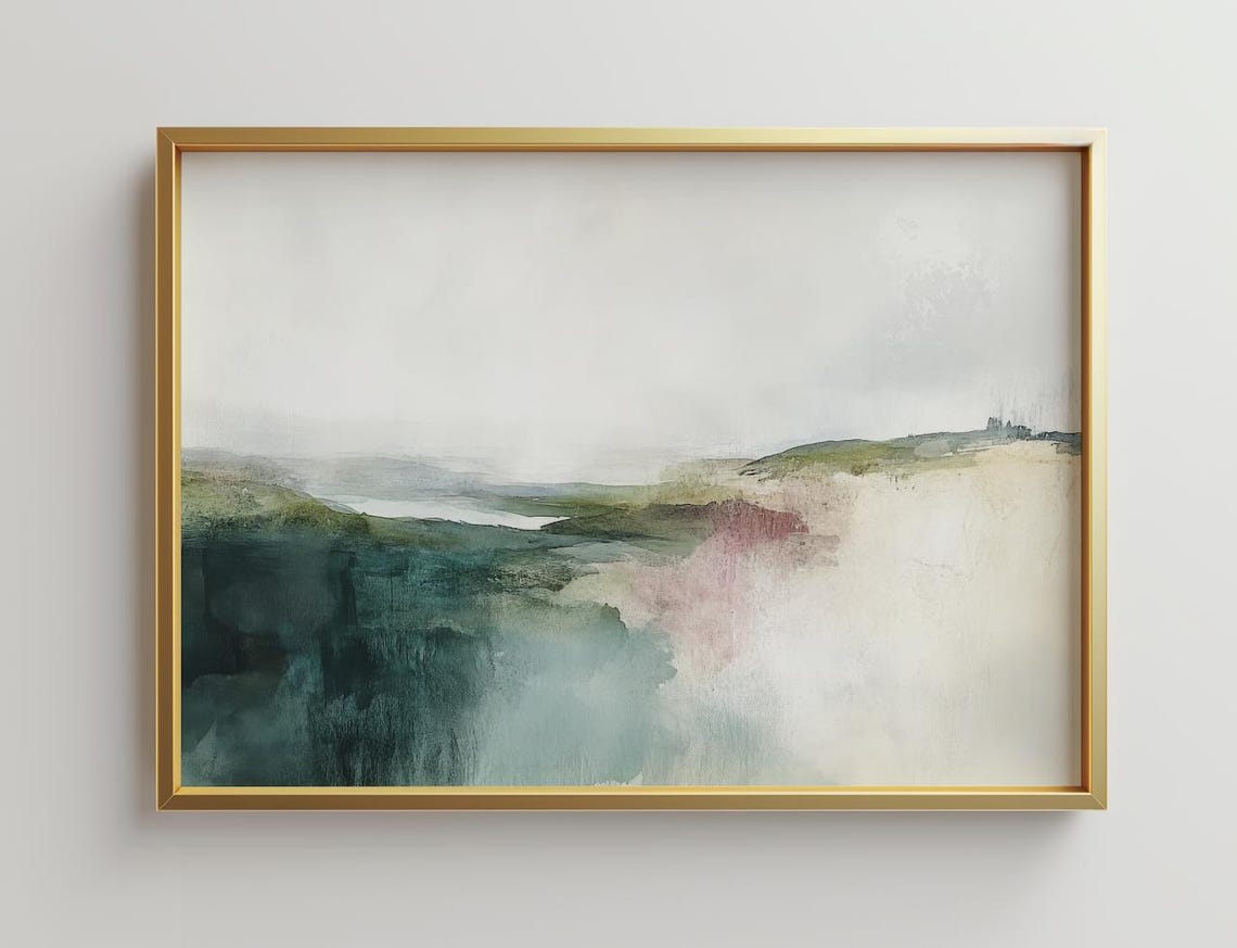 Muted Teal Watercolor Abstract Landscape Painting Calm Neutral Poster