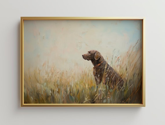 Framed Chocolate Lab Art Print Neutral Landscape Gold Frame