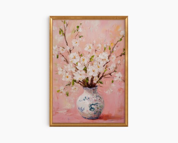White Blossoms In Blue Porcelain Vase Chinoiserie Floral Painting Poster