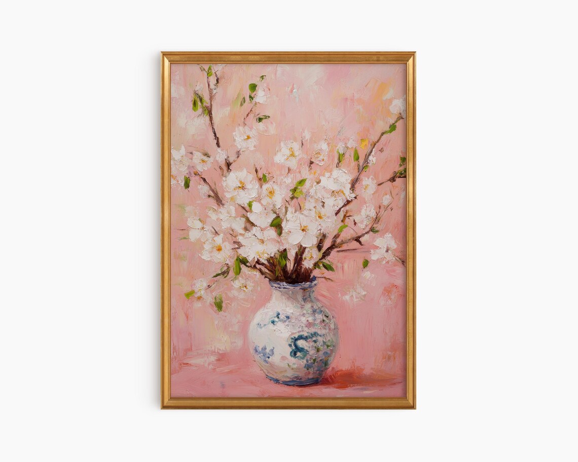 White Blossoms In Blue Porcelain Vase Chinoiserie Floral Painting Poster