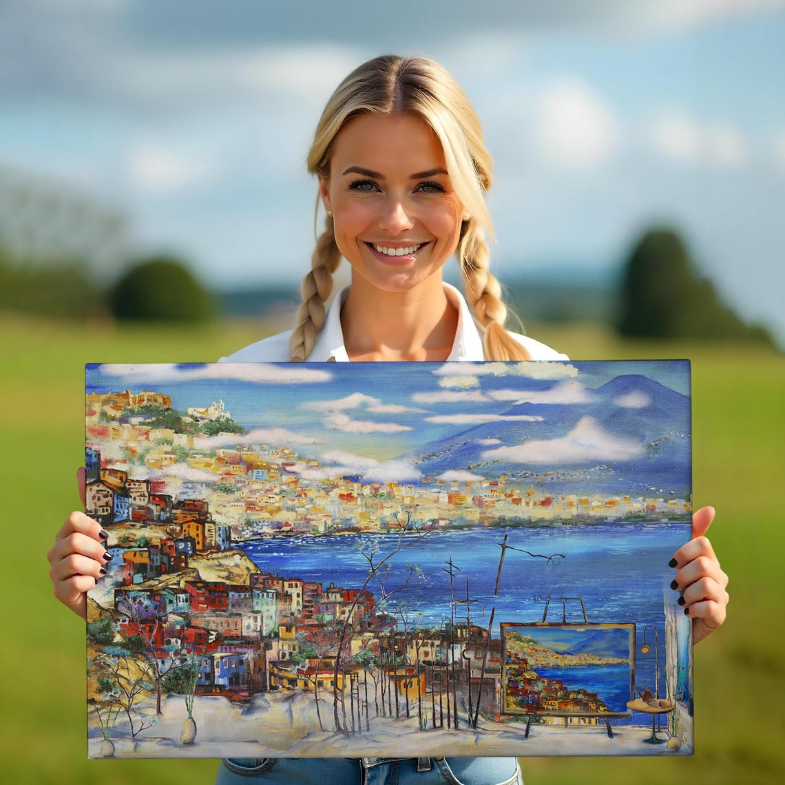 Naples Bay Vesuvius Volcano Colorful Hillside Town Oil Painting Poster - Image 5