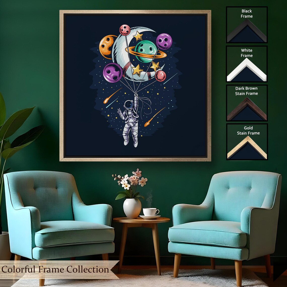 Astronaut Holding Planet Balloons Whimsical Space Moon Stars Canvas Poster - Image 2