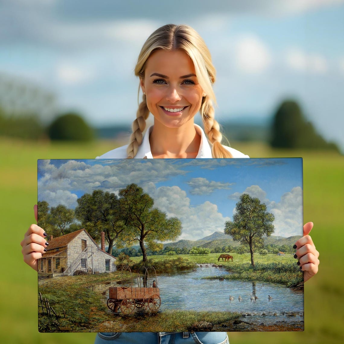 Village And Stream Landscape Decorative Wall Painting Nature Decor Nature Print Landscape Wall Table - Image 5