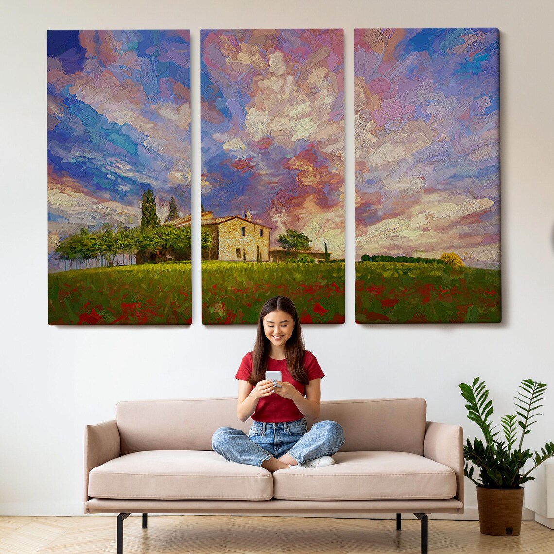 Tuscany Villa Red Poppy Field Cypress Sunset Sky Oil Painting Poster - Image 2