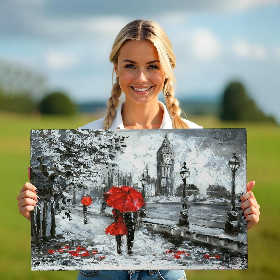 London Big Ben Red Umbrella Rainy Street Black White Red Art Poster - Image 5