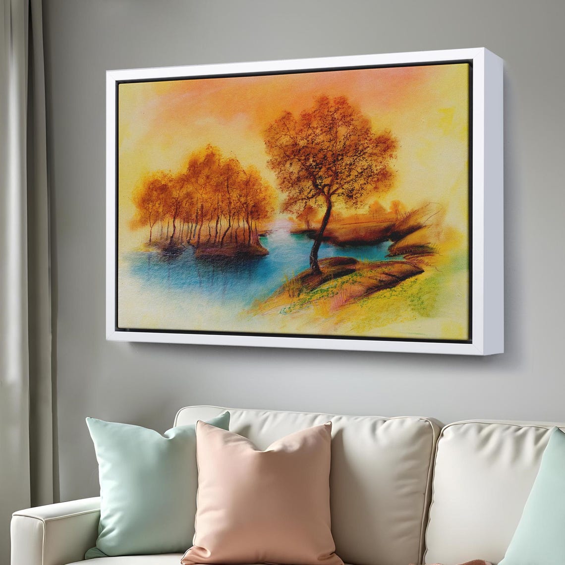Golden Autumn Trees Lakeside Water Reflection Watercolor Sunset Poster - Image 3