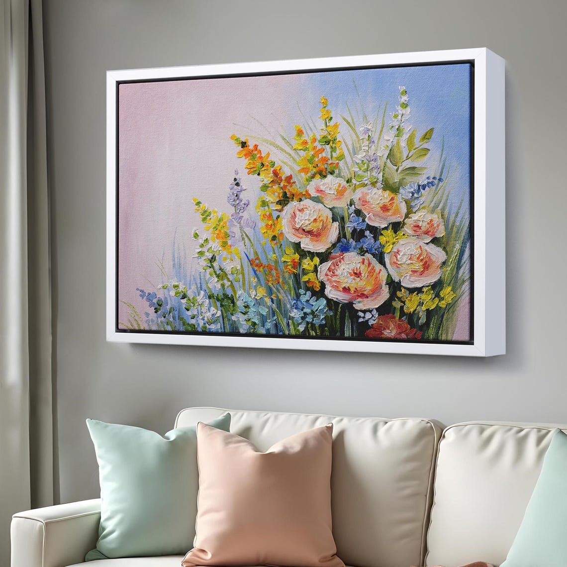 Summer Wildflower Meadow Roses Yellow Blue Impasto Floral Art Print - Image 3