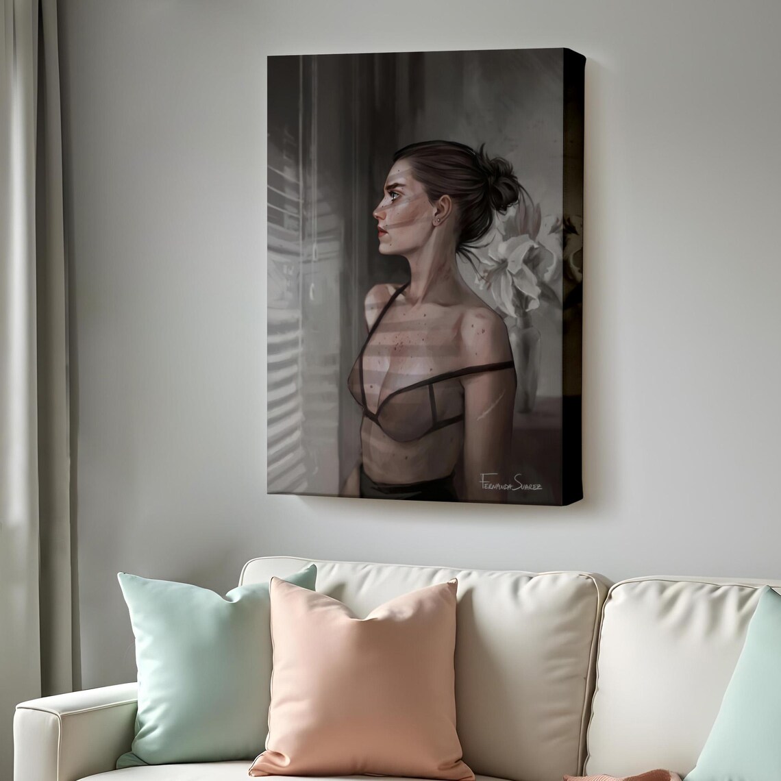 Moody Woman Portrait by Window Grayscale Elegant Fine Art Canvas Poster