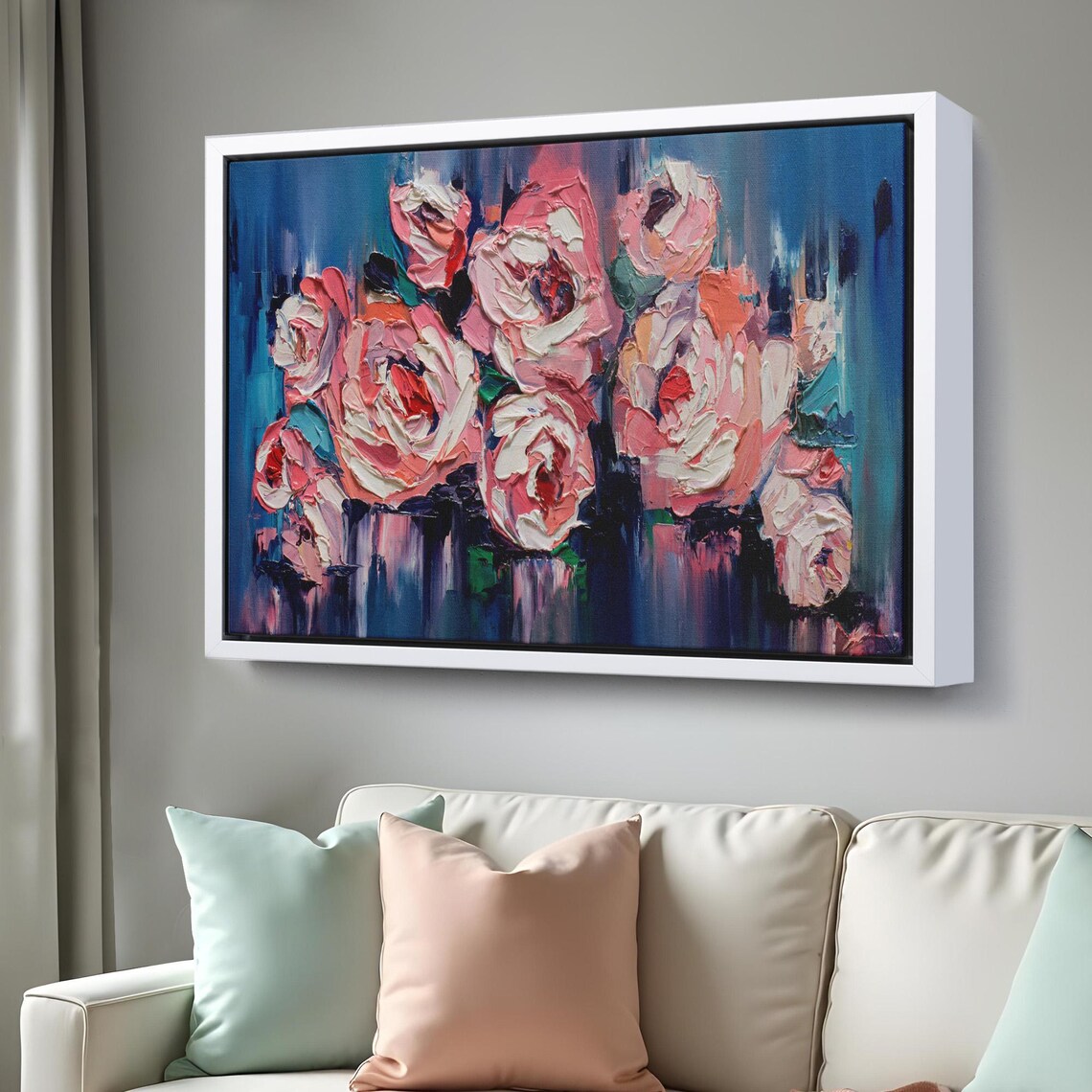 Pink Peony Bouquet Impasto Oil Painting Blue Background Wall Art - Image 3