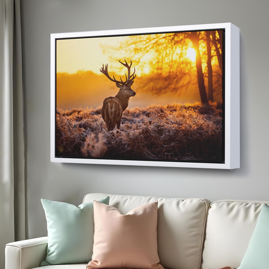 Red Deer Stag With Antlers At Golden Sunrise Frosty Field Photo Poster - Image 3