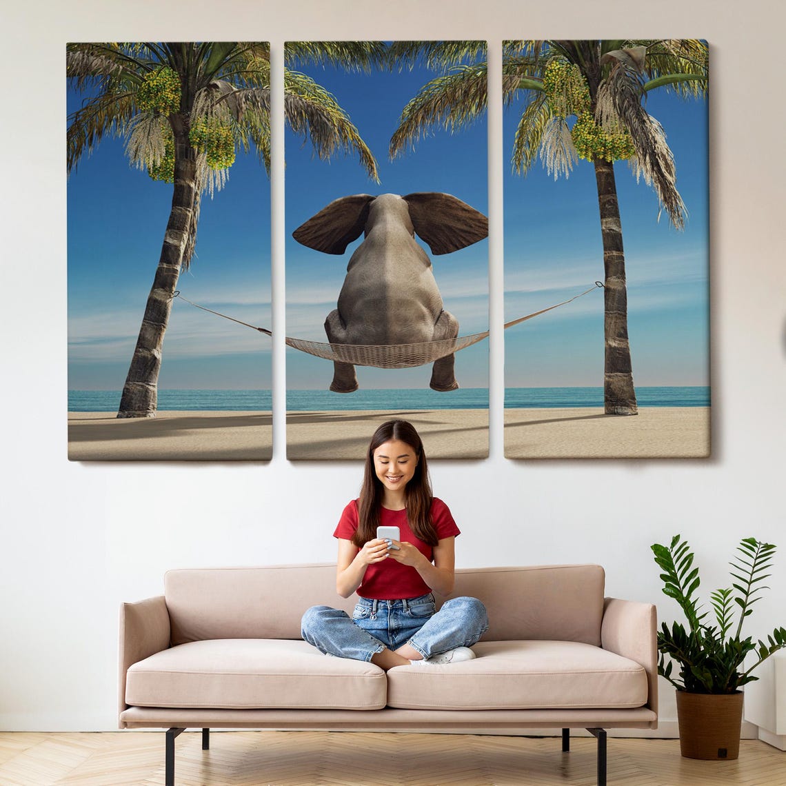 Funny Elephant Relaxing In Hammock Between Palm Trees Beach Poster - Image 2