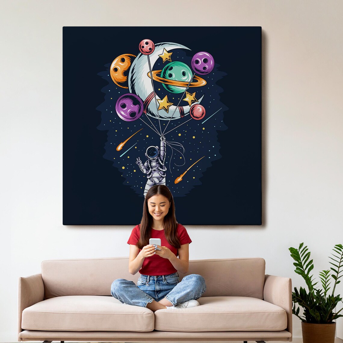 Astronaut Holding Planet Balloons Whimsical Space Moon Stars Canvas Poster - Image 3