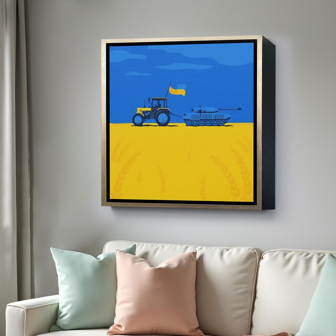 Ukrainian Tractor Towing Tank Patriotic Blue Yellow Art Poster - Image 4