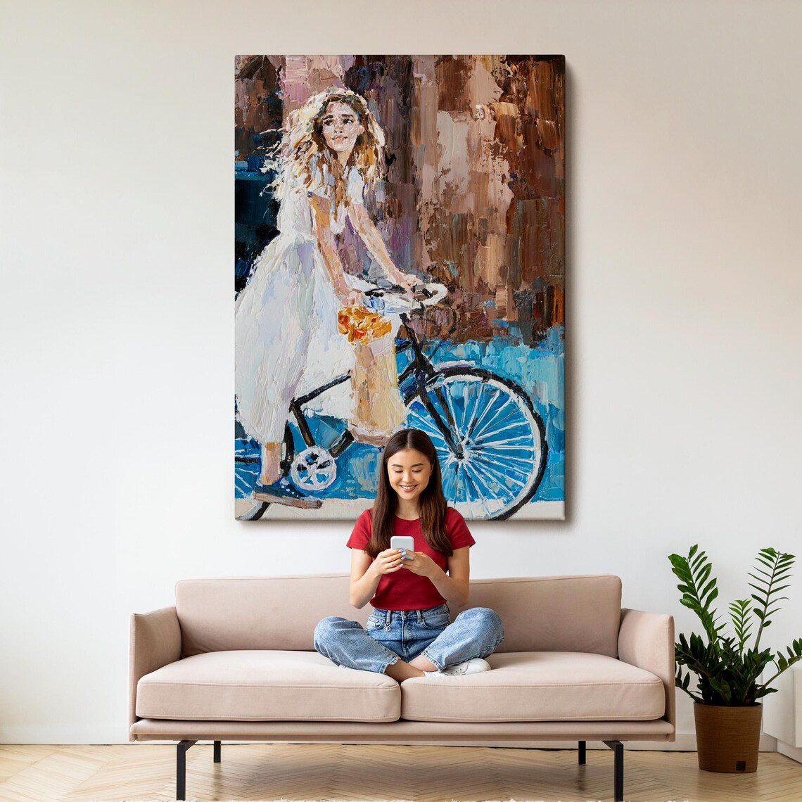 Girl In White Dress Riding Bicycle Impressionist Summer Joy Wall Art - Image 3