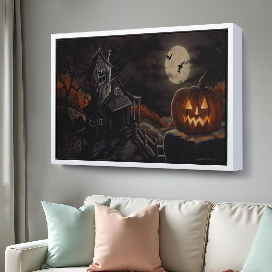 Haunted House Night Jack O Lantern Full Moon Halloween Art Poster - Image 3