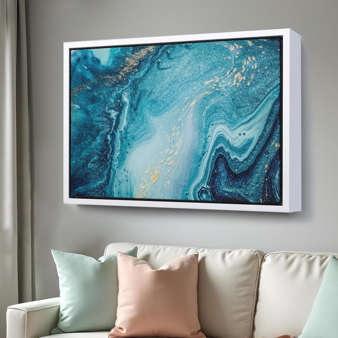Abstract Teal Ocean Marble Swirl Gold Accent Modern Wall Art Print - Image 3