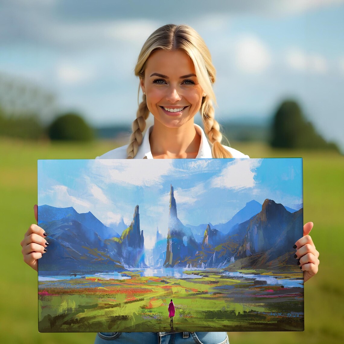 Crimson Cloak Woman Walking Vibrant Fantasy Mountain Valley Poster - Image 5