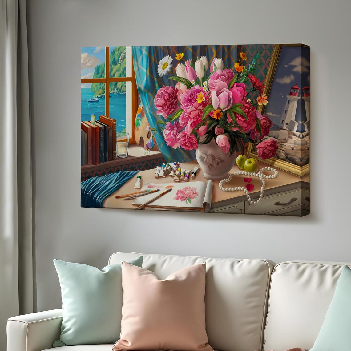 Pink Peonies Artist Studio Still Life Sea Window Floral Poster