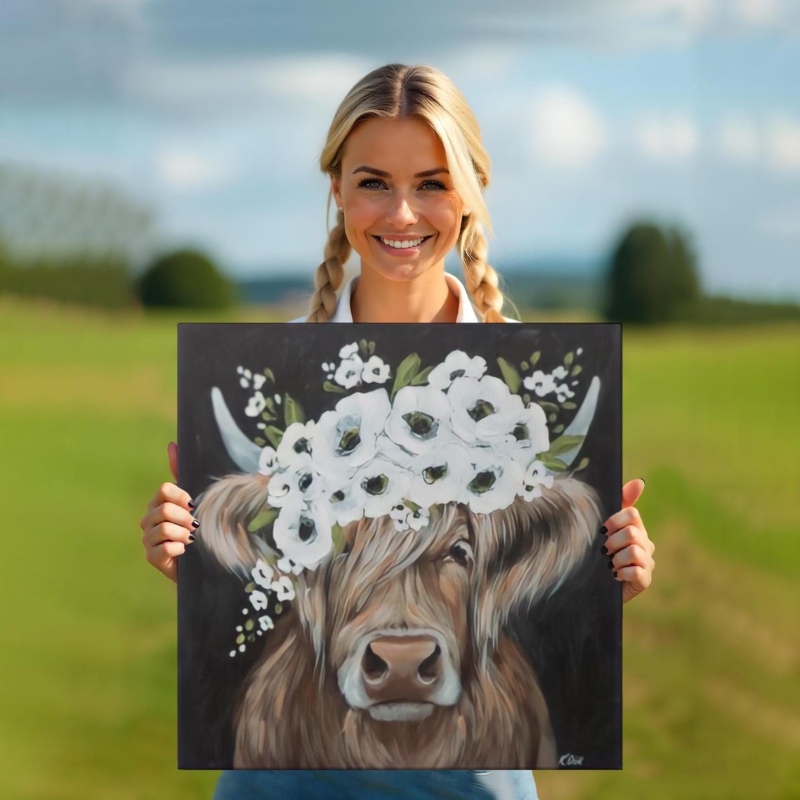 Highland Cow White Flower Crown Dark Background Farm Art Poster - Image 5
