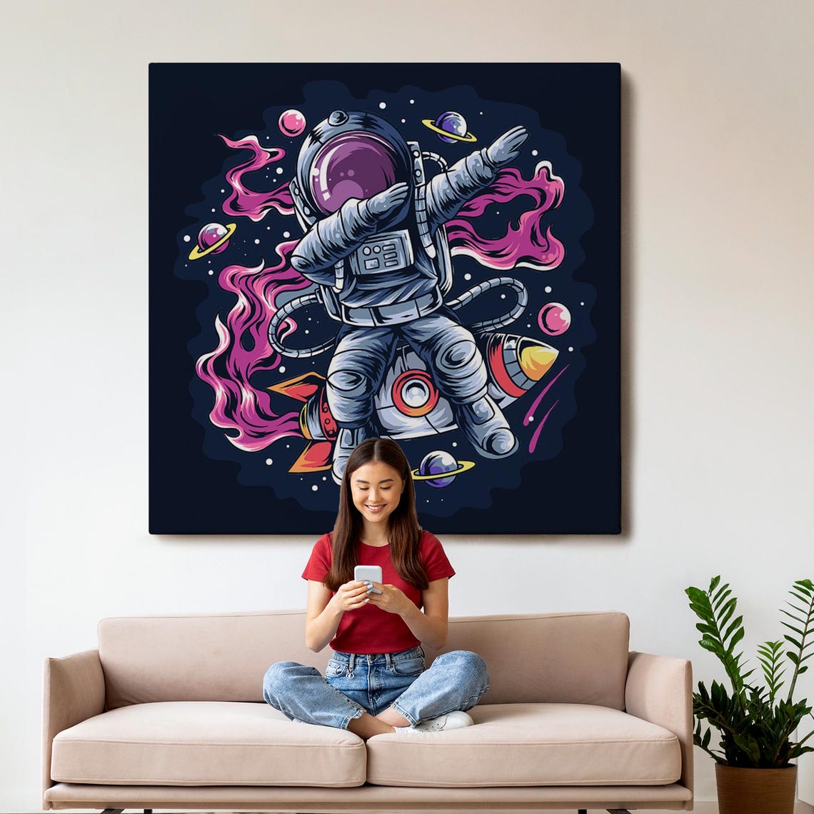 Dabbing Astronaut Riding Rocket Past Planets Space Illustration Poster - Image 3