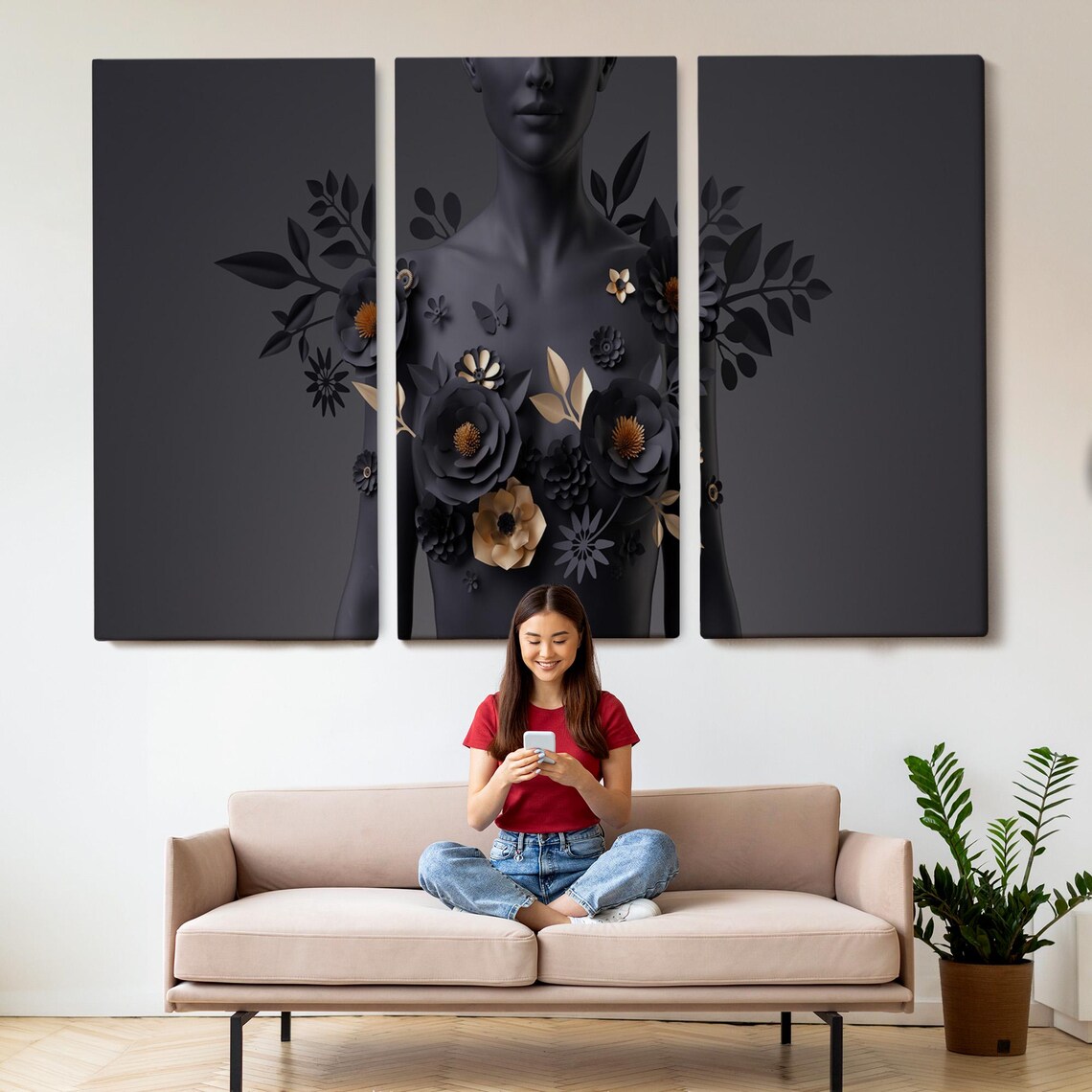 Surreal Black Woman Bust Dark Floral Beauty Gold Flowers Modern Wall Art - Image 2