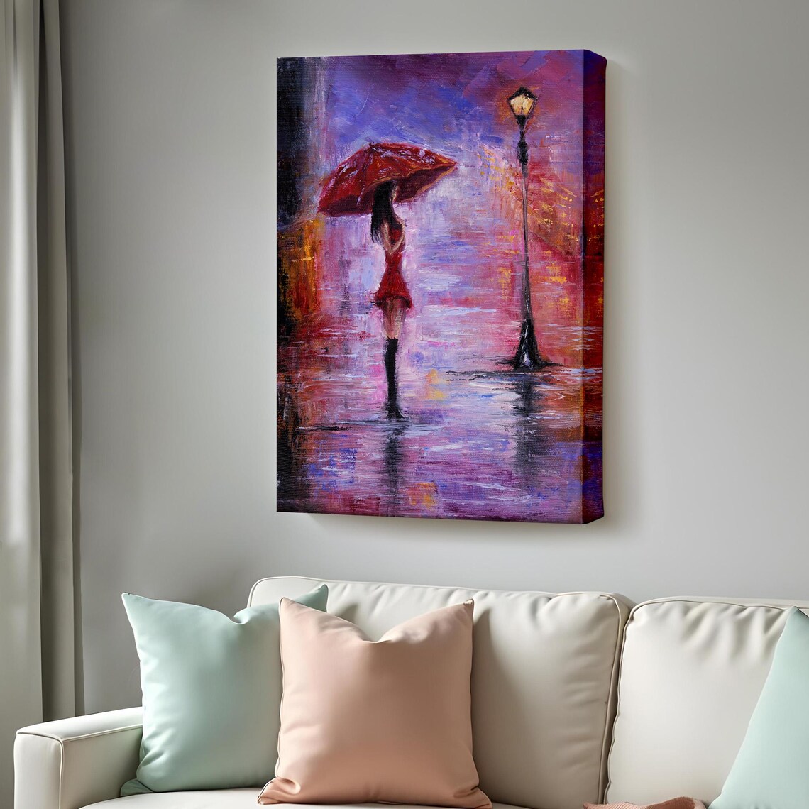 Woman with Red Umbrella Rainy Night Street Lamp Painting Poster