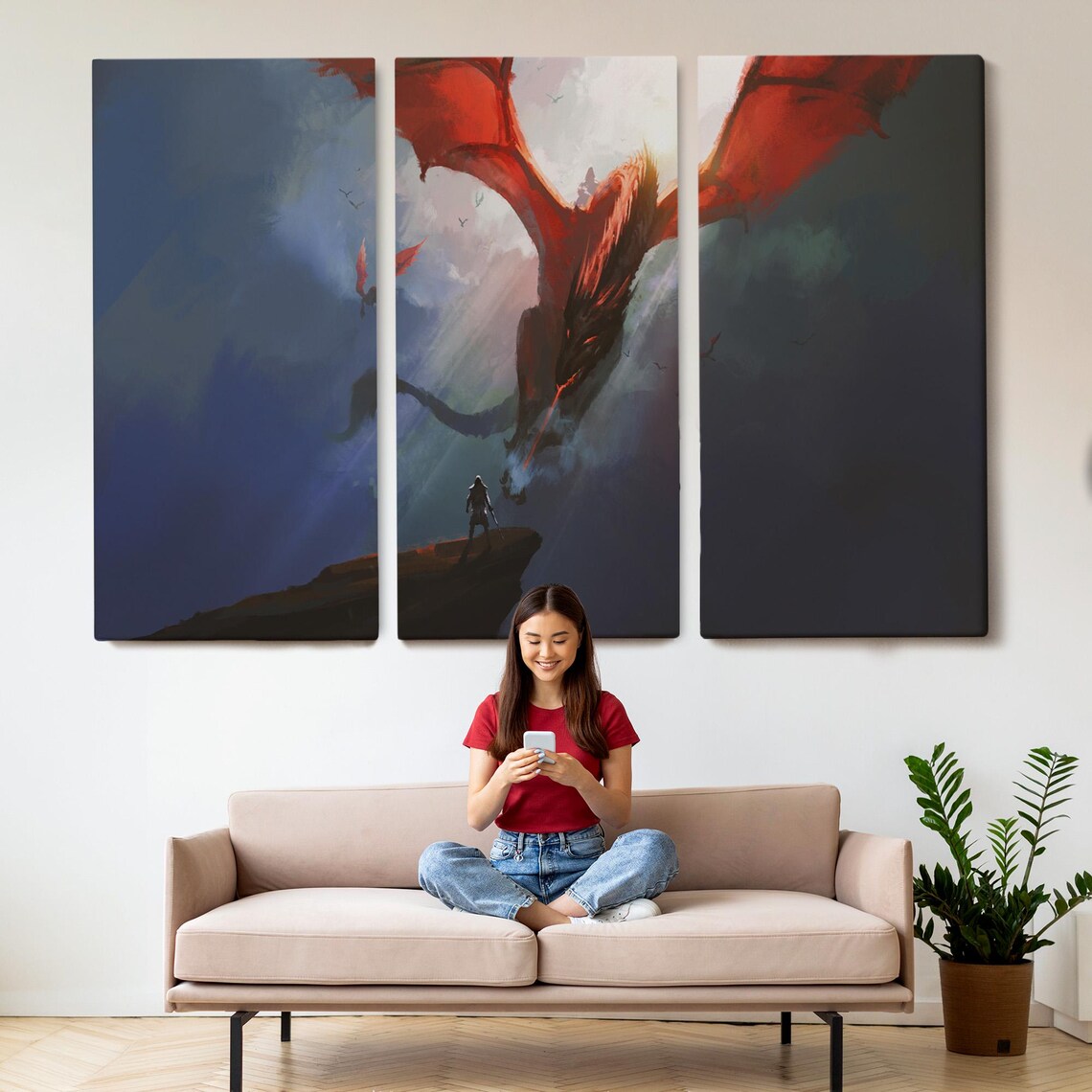 Red Dragon Soaring Above Warrior Cliff Epic Fantasy Sky Canvas Wall Art - Image 2