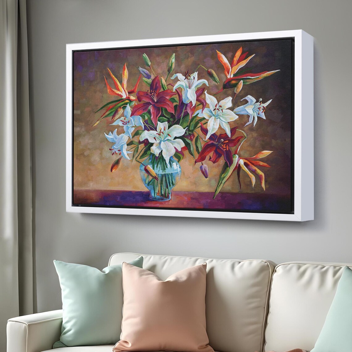 Lily Bouquet White Red Blossoms Glass Vase Oil Painting Wall Art - Image 3