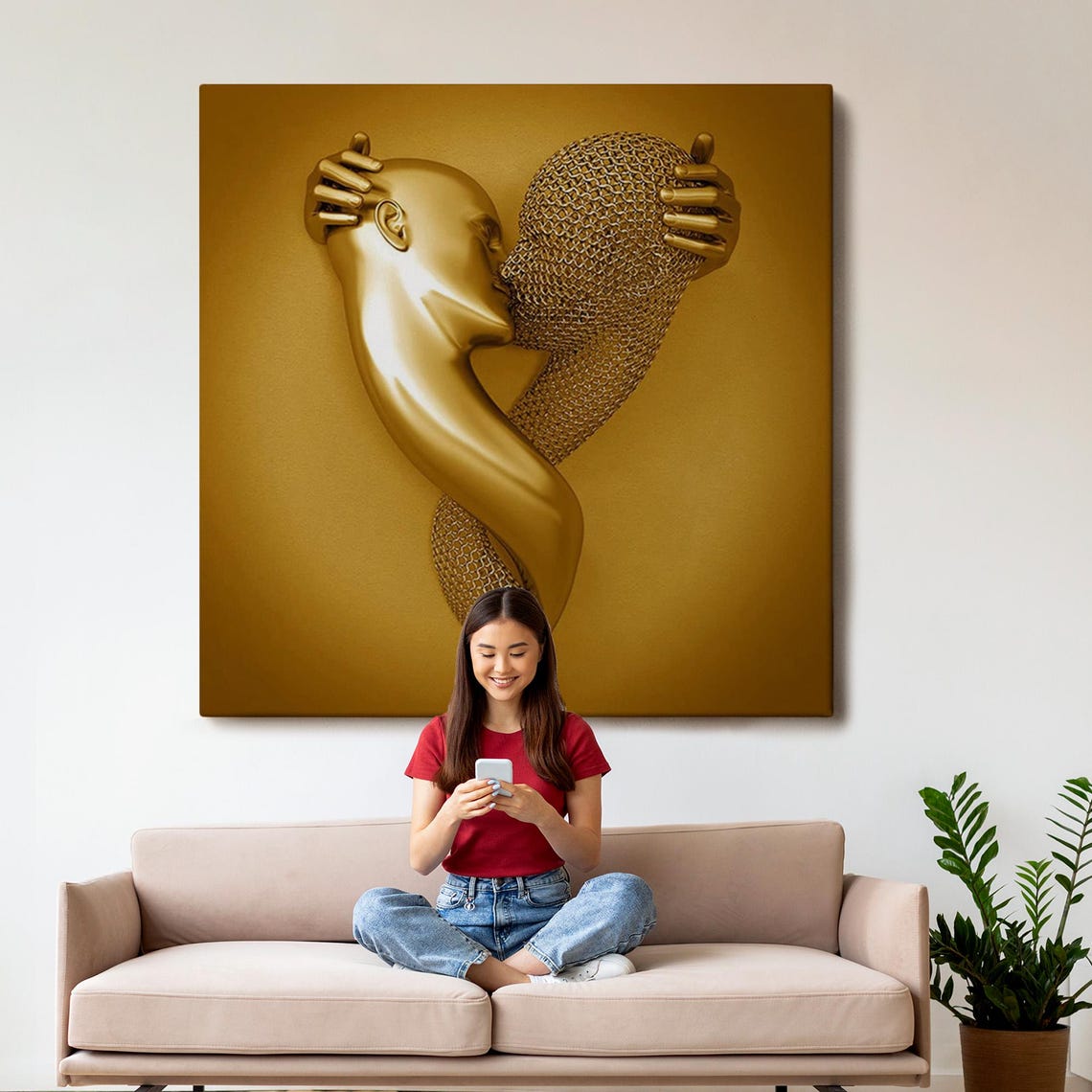 Golden Lovers Embrace 3D Effect Romantic Couple Love Art Poster - Image 3