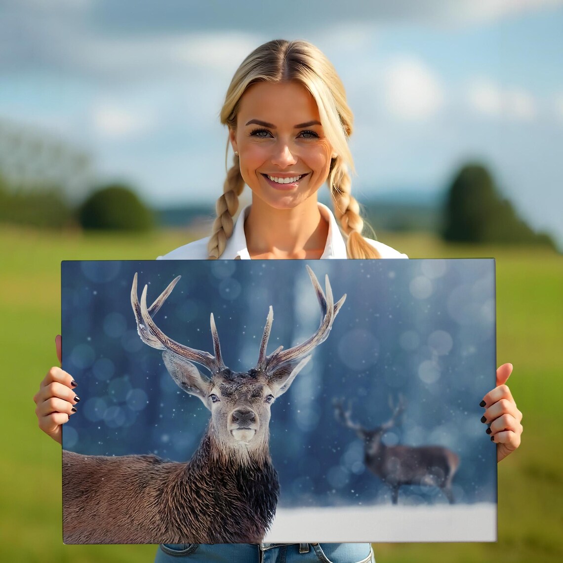 Red Deer Stag Snowy Forest Falling Snow Majestic Wildlife Photo Wall Art - Image 5