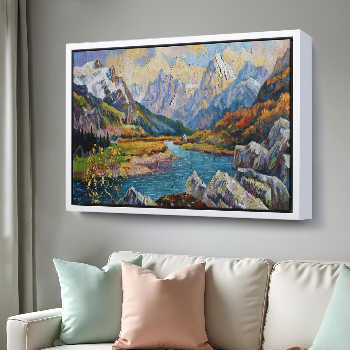 Mountain River Valley Snowy Peaks Autumn Colors Landscape Poster - Image 3