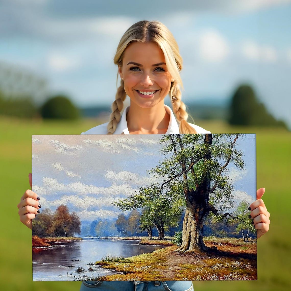 Riverbank Oak Tree Calm Water Autumn Meadow Landscape Poster - Image 5