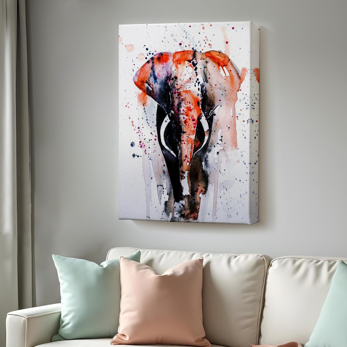 Elephant Head Watercolor Orange Black Splash Modern Abstract Animal Wall Art Print