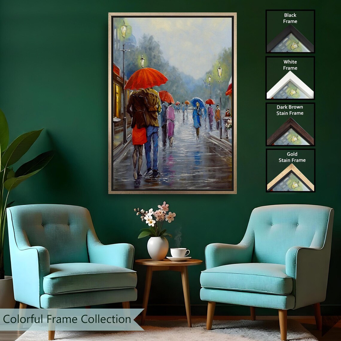 Romantic Couple Under Red Umbrella Rainy Paris Street Painting Poster - Image 2