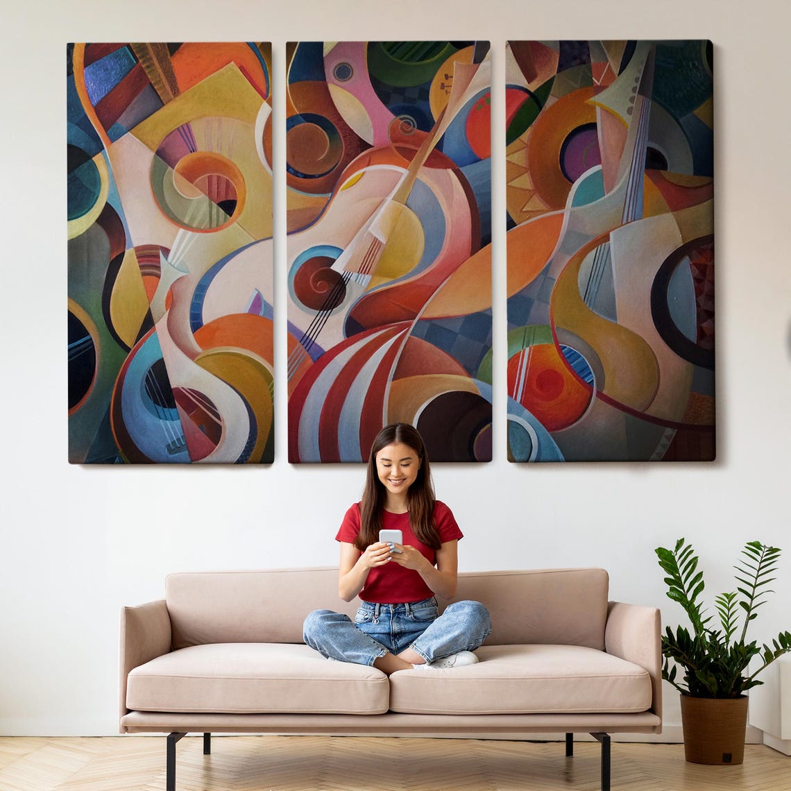Music Abstract Guitar Cubist Shapes Warm Orange Blue Modern Art Poster - Image 2