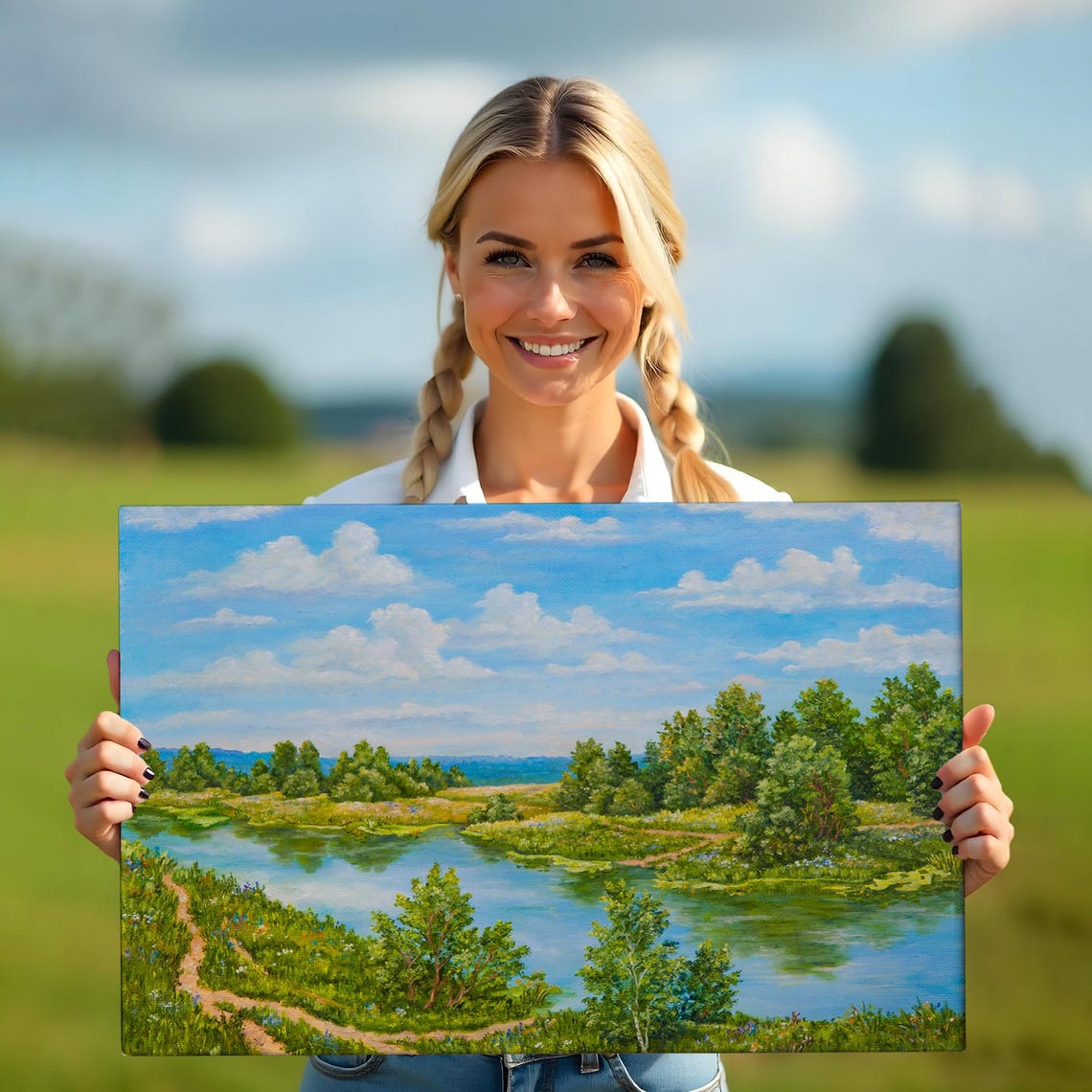 Peaceful River Winding Forest Meadow Summer Landscape Nature Poster - Image 5