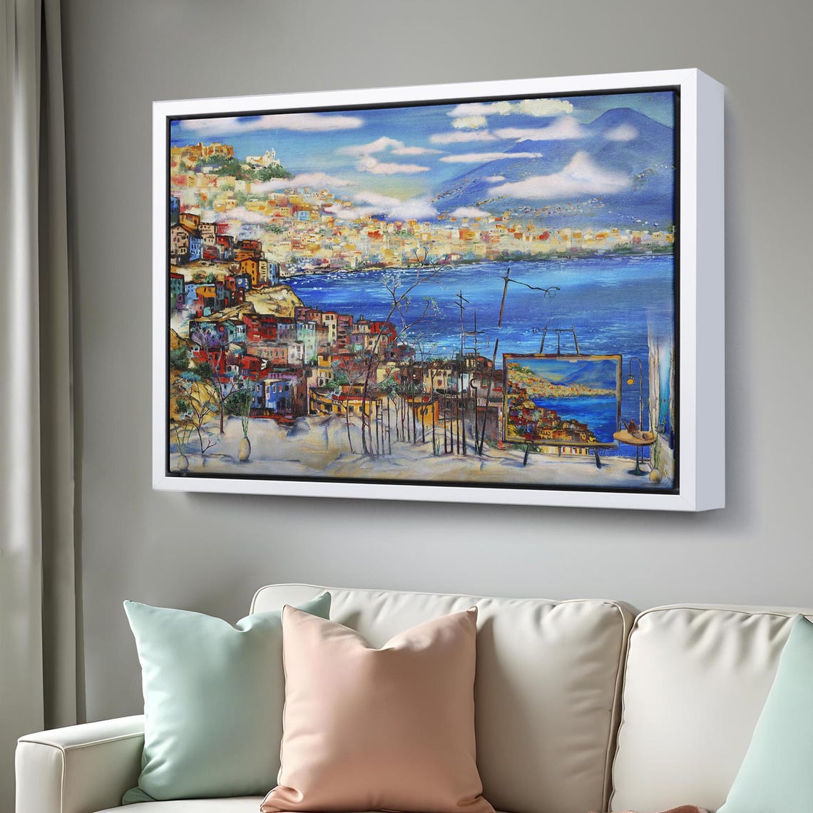 Naples Bay Vesuvius Volcano Colorful Hillside Town Oil Painting Poster - Image 3