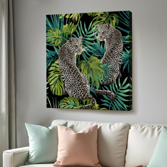 Two Leopards Among Tropical Palm Leaves Dark Jungle Wildlife Art Wall Poster