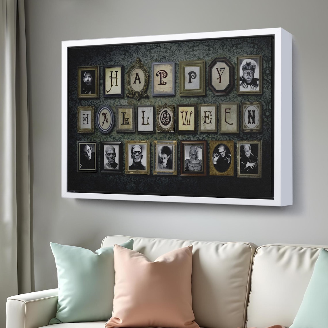 Vintage Happy Halloween Letter Frames Horror Movie Monsters Art Poster - Image 3