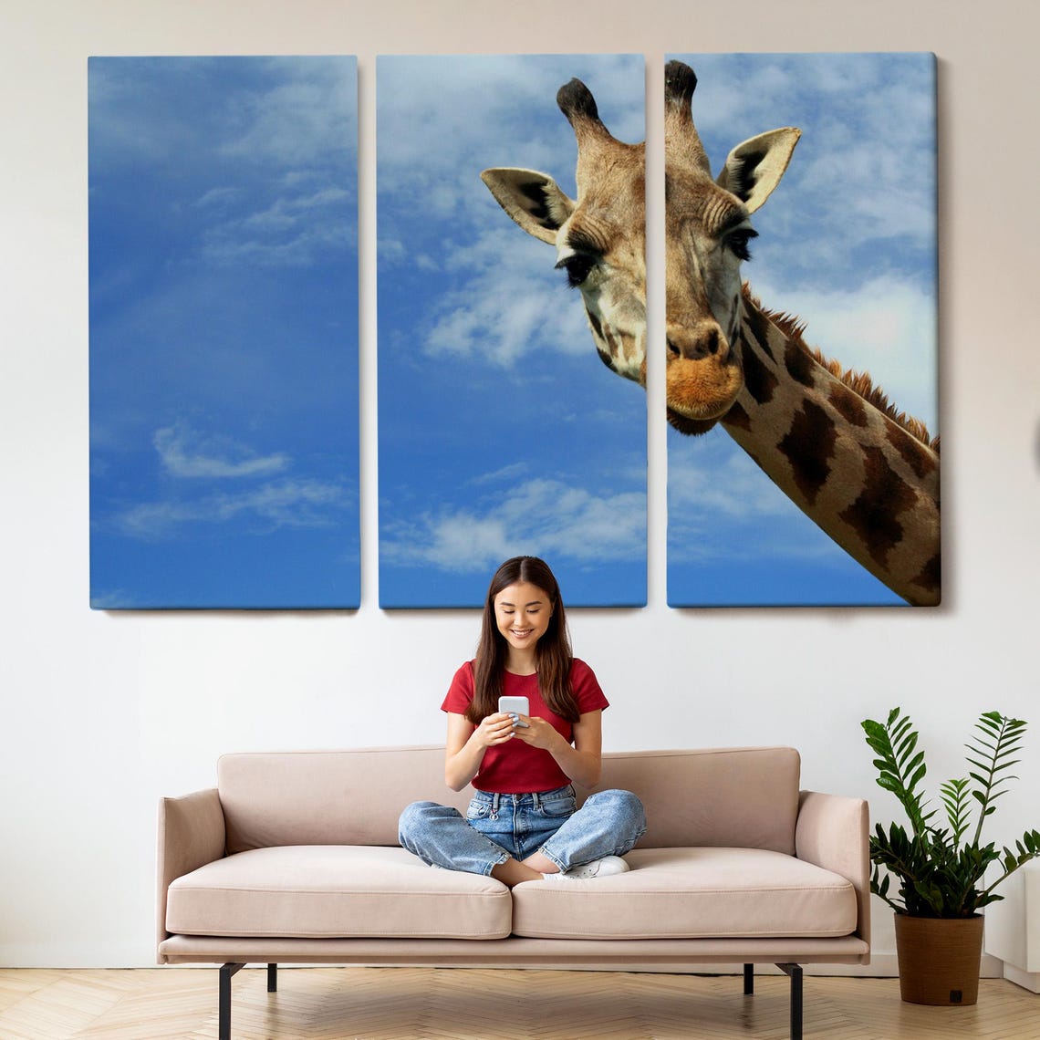 Curious Giraffe Head Peeking Into Frame Blue Sky Safari Photo Poster - Image 2