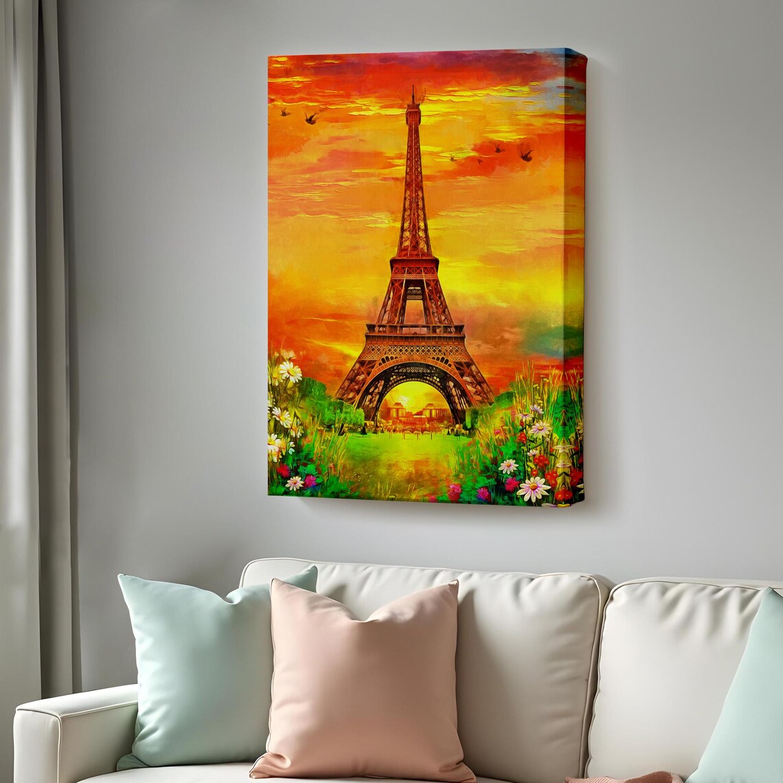 Eiffel Tower Sunset Fiery Orange Sky Flowers Paris Travel Poster