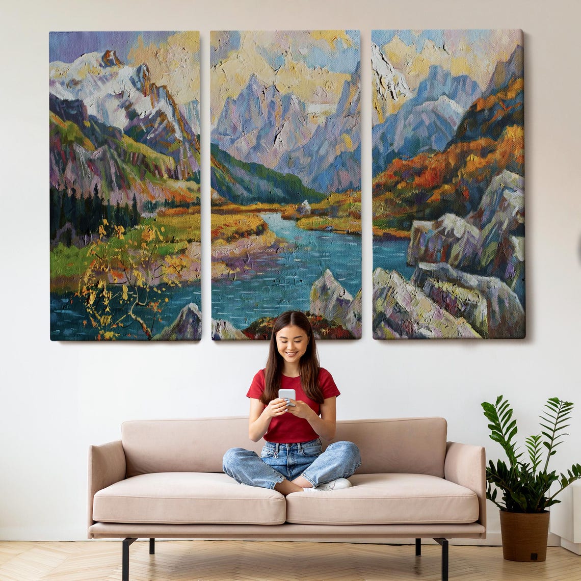 Mountain River Valley Snowy Peaks Autumn Colors Landscape Poster - Image 2
