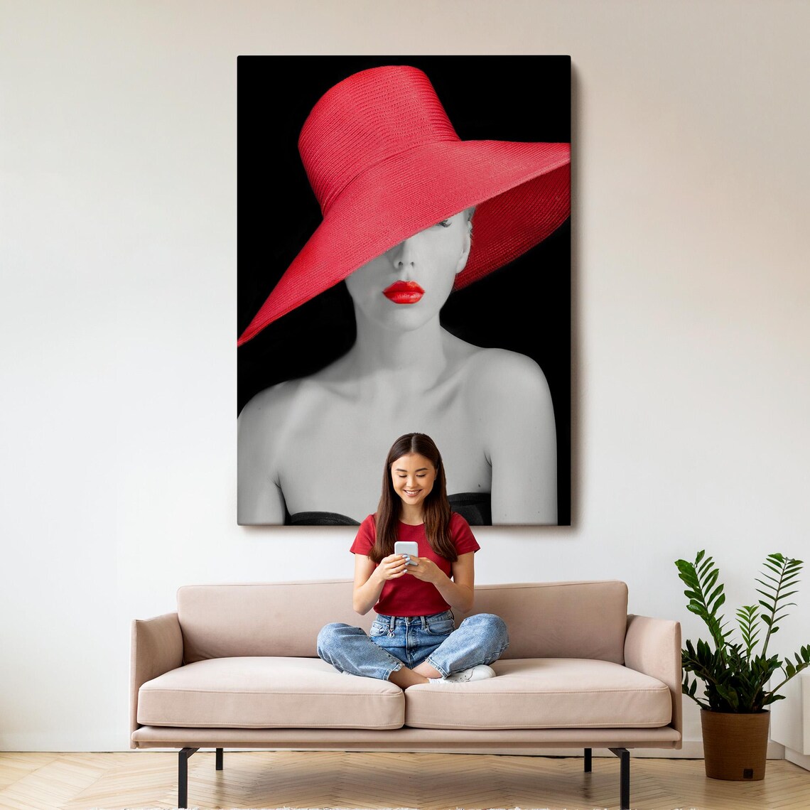 Woman Red Sun Hat Red Lips Black White Fashion Photography Wall Art Poster - Image 3