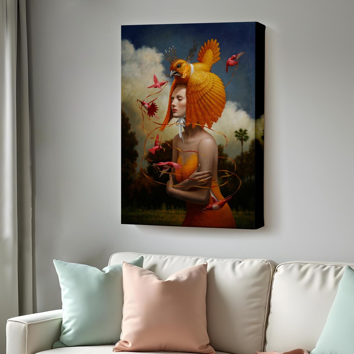 Woman with Golden Bird Headdress Surreal Red Birds Art Poster
