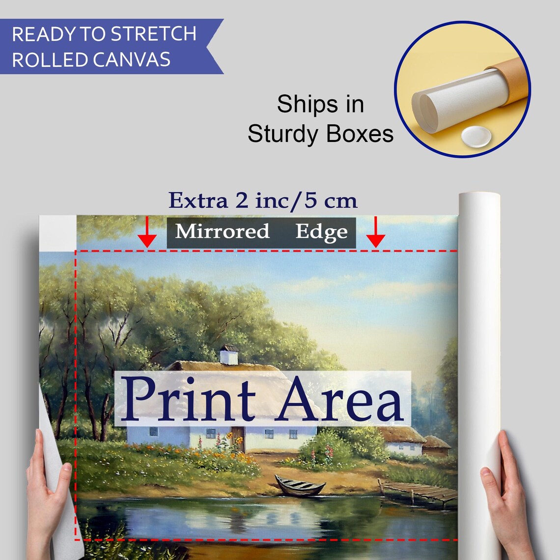 Lakeside Thatched Roof Cottage Rowboat Calm Water Oil Painting Poster - Image 4