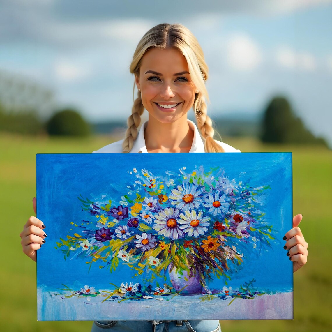 Wildflowers Bouquet Purple Vase Bright Blue Oil Painting Wall Art - Image 5