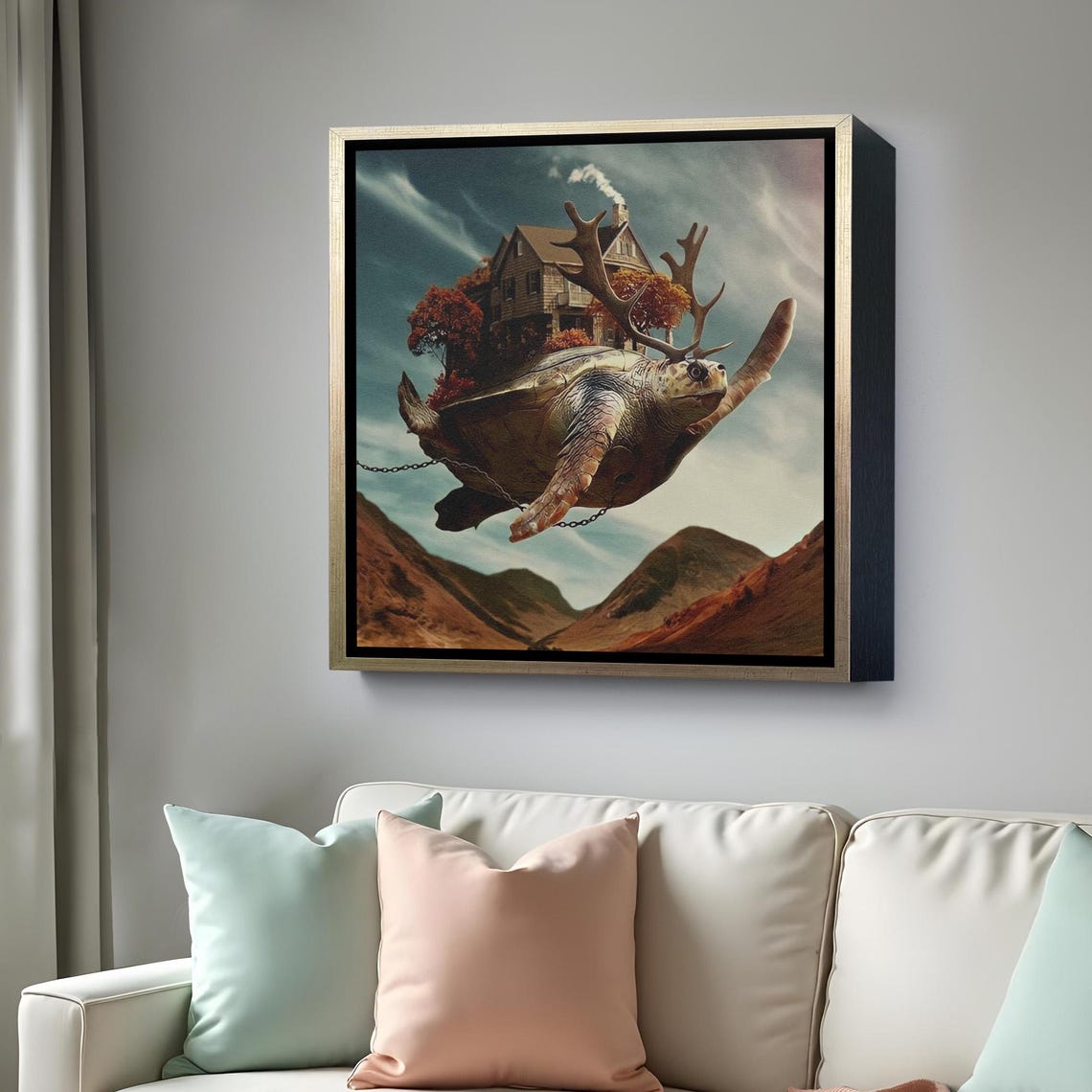 Surreal Flying Turtle Carrying House Over Mountains Art Poster - Image 4